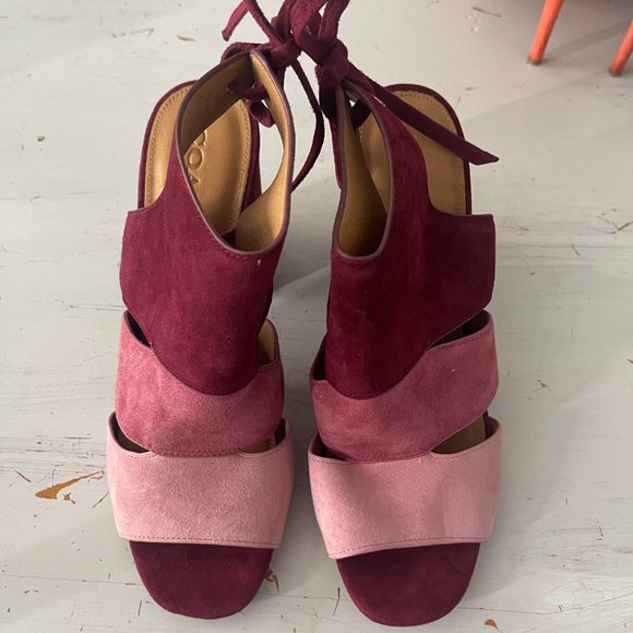 Coach Minetta Color Block Suede Heels Pink Burgundy Block Heel Ankle Tie Sz 8.5 - Picture 7 of 9